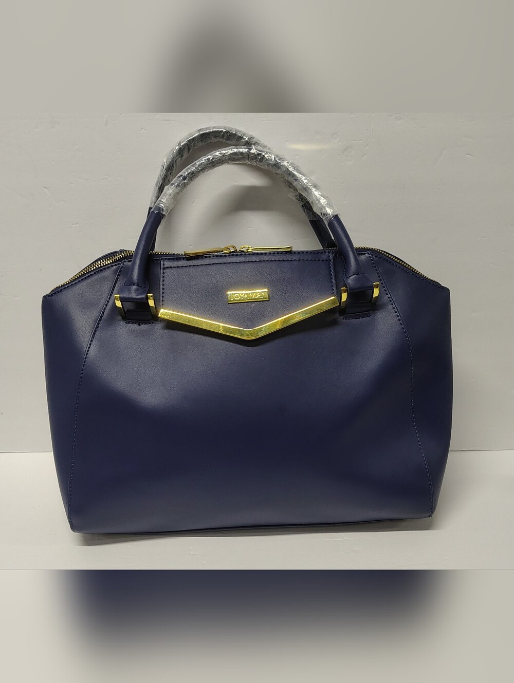 Joy & Iman Couture Deep Navy Leather Structured Satchel Bag with Gold Accents